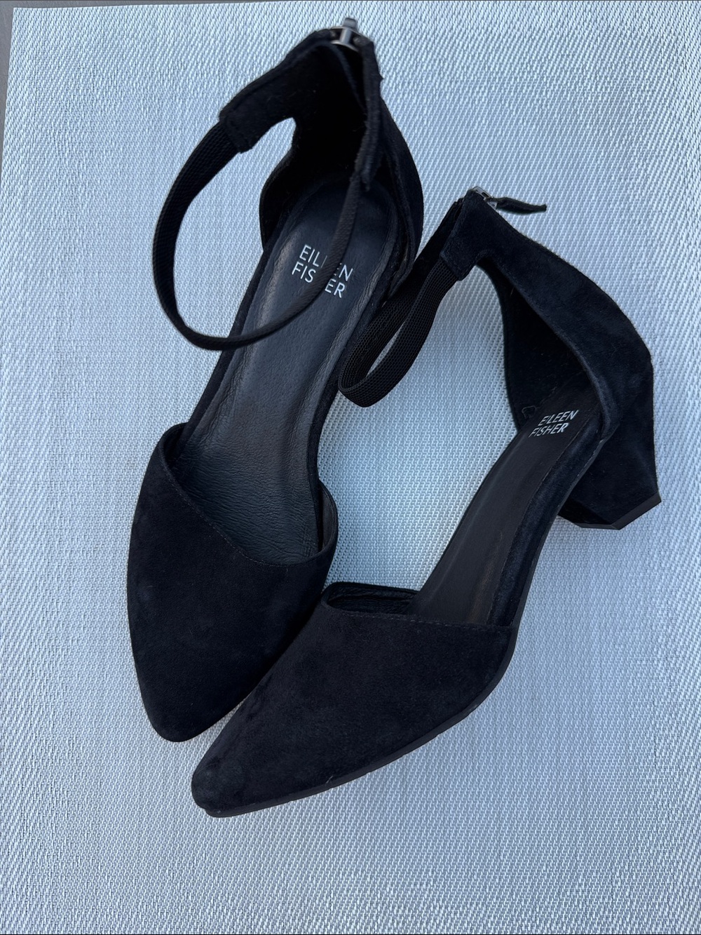 Eileen Fisher Black Suede Pointed-Toe Ankle-Strap Block Heels